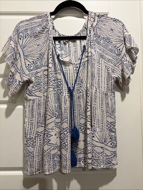 Grace and Emma Blue and White Boho Tassel Peasant Top